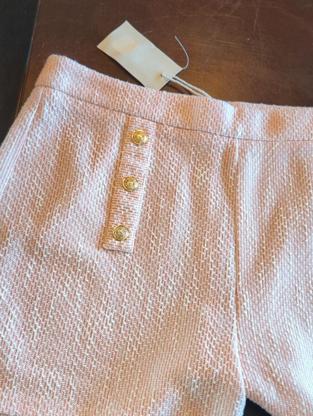Hem & Thread Pink Textured High-Waist Shorts with Gold Buttons
